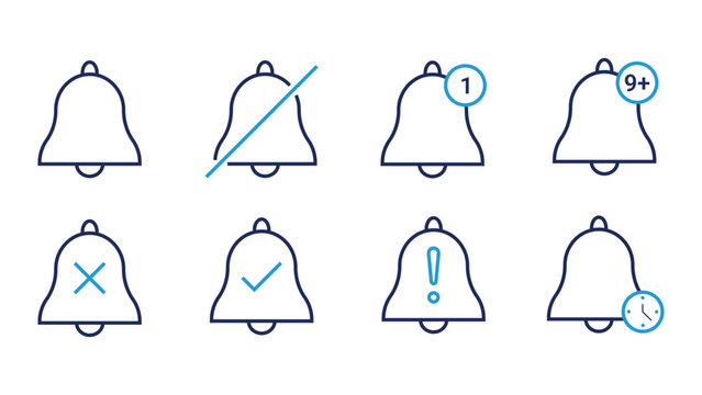 Collection of notification bell icon variations with status indicators notification crossout disabled interface