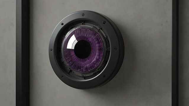 Industrial cybernetic mechanical eye camera lens with glowing purple iris mounted on a concrete wall