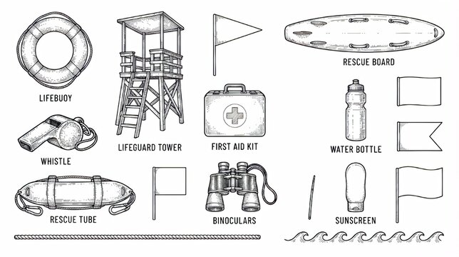 Hand draw lifeguard and beach rescue elements set, tower, buoy, board, first aid, and vector illustration