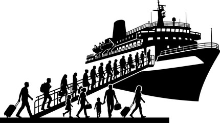 Obraz premium Travelers carry luggage boarding large passenger ferry ship gangway vector silhouette illustration