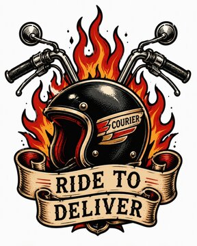 Retro motorcycle helmet surrounded by flames with winged courier emblem, chrome handlebars, mirrors, and ribbon slogan in vintage biker graphic style, with motorcycle, helmet, flame, fire detail