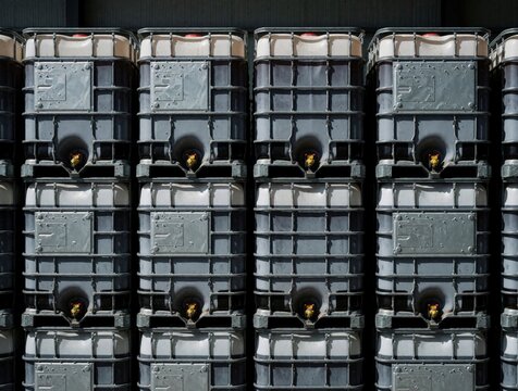 Rows of plastic IBC containers hold dark industrial liquid inside large warehouse facility. Metal frames support stacked chemical tanks for bulk storage. Heavy freight pallets line up in warehouse