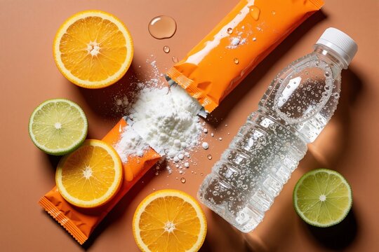 Plastic bottle with clear mineral water sits beside orange packaging containing white powder mix. Fresh citrus slices of lemon, lime lay on surface. Healthy drink preparation for summer hydration,