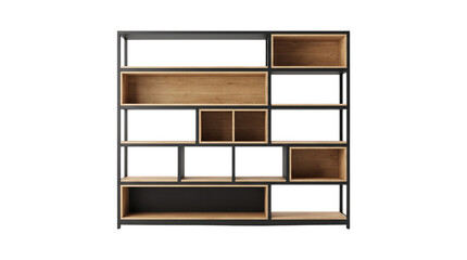 Industrial modern bookshelf with black metal frame and oak wood inserts, minimalist modular shelving unit, contemporary office storage furniture © MuhammadZeeshan