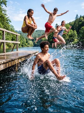 Joyful group of teenagers leap off a wooden dock into a lake, splashing water while friends cheer from the shore during a fun summer day.