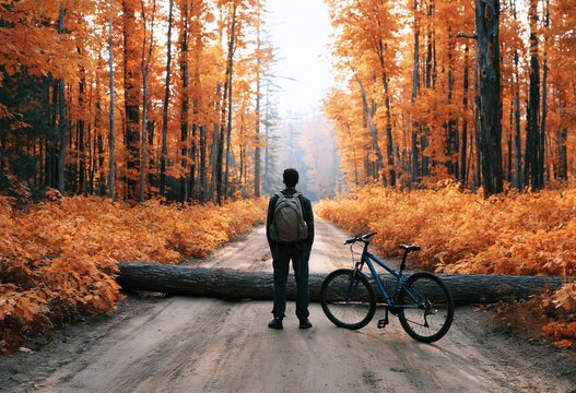 Cyclist with a bicycle on a forest trail blocked by a large fallen autumn tree log