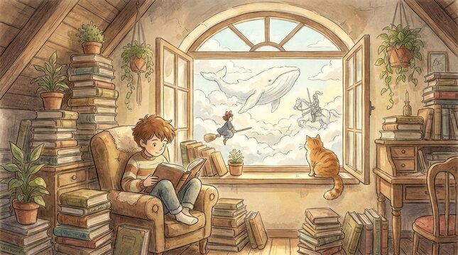 Boy reading book in attic with flying fantasy whale.