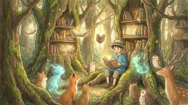 Forest Library Illustration with Boy and Animals
