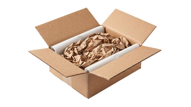 Open cardboard box with brown crumpled paper padding, corrugated shipping carton for delivery, eco-friendly packaging materials on white background