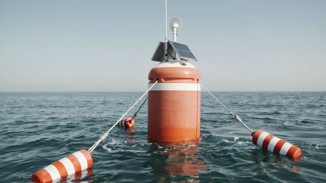 Orange and white buoy with solar panels and wind socks in the sea
