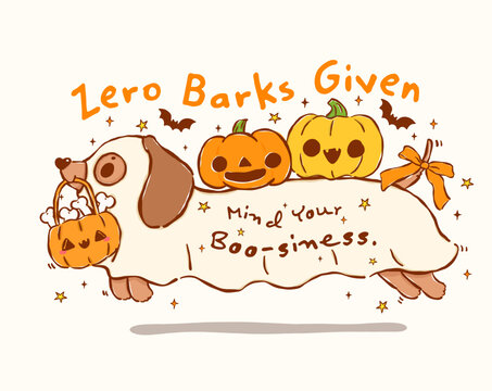 Dachshund Ghost Halloween Dog Cartoon with Funny Snarky Quote Zero Barks Given Wiener Dog Character Illustration