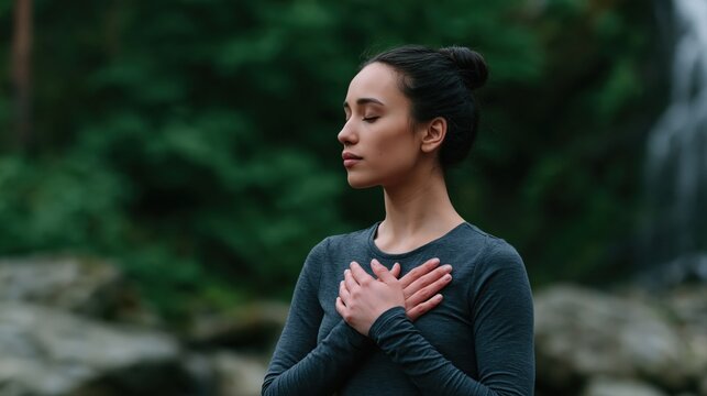 Meditation and mindfulness practice for a peaceful woman in nature for wellness