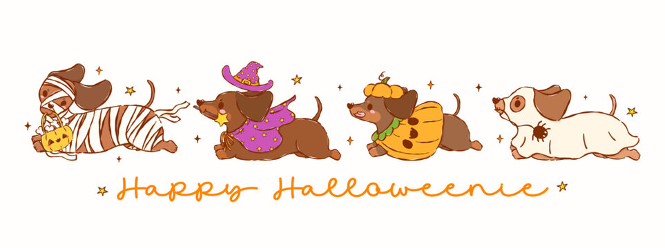 Dachshund Halloween Happy Halloweenie Dog Cartoon Set with Mummy Wiener Dog, Pumpkin Sausage Dog, Doxie Witch and Ghost Hand Drawn Illustration