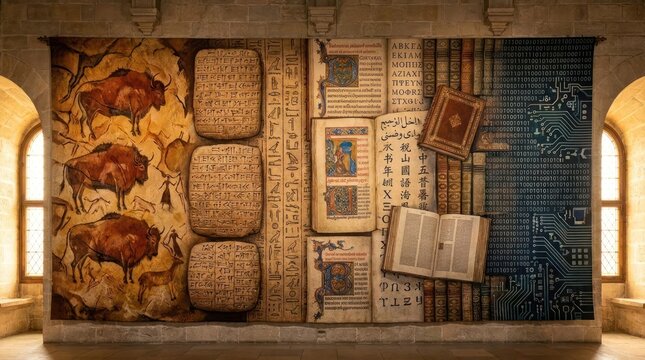 Evolution of writing mural from cave art to digital.