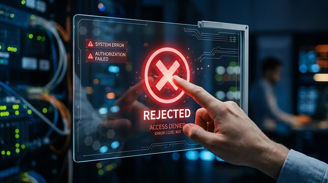 Data network access rejected system warning on digital screen with rejected
