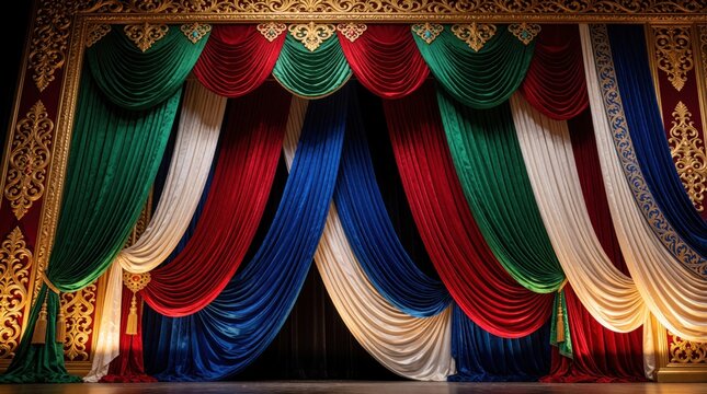 Ornate theatrical stage curtains in red green blue, white colors hang inside decorative golden frame. Luxurious velvet fabric drapes create elegant background for festive ceremonies, formal events.