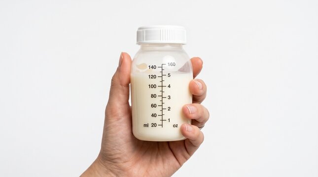 A parent's hand gently holds a baby bottle filled with freshly expressed breast milk, ready for infant feeding and nourishment on a clean white background