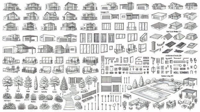 Hand draw architectural residential houses and site elements set, floor plans, landscaping, and vector illustration