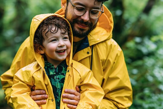 Father and son in yellow raincoats smiling during a rainy walk in a green forest