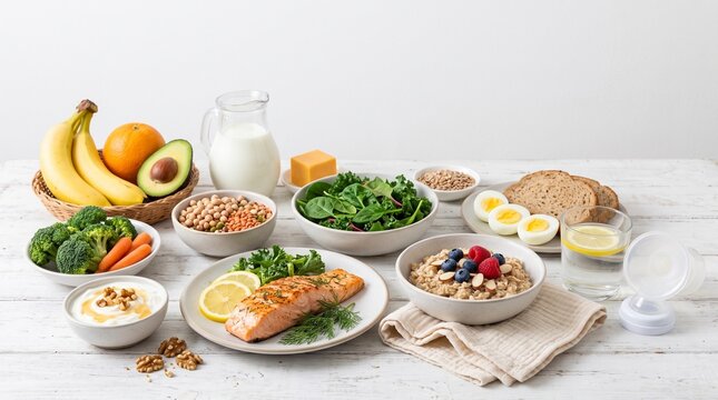 Nutritious Balanced Meal Options for Lactating Mothers Featuring Fresh Salmon Vegetables Whole Grains Fruits and Dairy Products