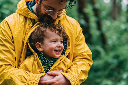 Father and son bonding in matching yellow raincoats in a lush green forest park