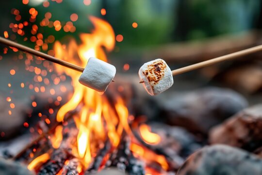 Marshmallow roasting over a glowing campfire during a summer night camping snack
