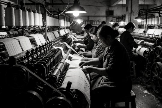 Asian female workers operate old textile machines in factory. Women sit at production line, manually handle raw fabric threads. Industrial labor environment features vintage weaving looms under