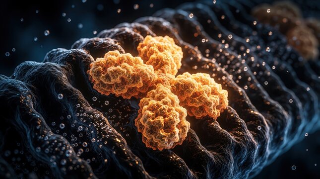 Close-up of protein structures, possibly antibodies, floating near cell membranes. Microscopic view of organic molecules, cellular components, and fluid dynamics with tiny bubbles.