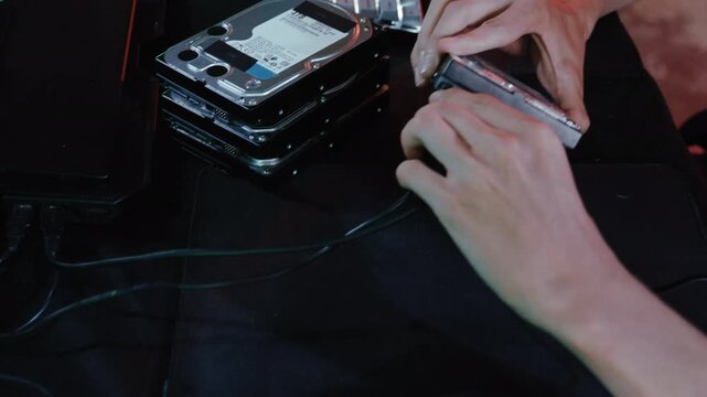 Technician connecting hard disk drives to a computer for a data storage or cryptocurrency farm