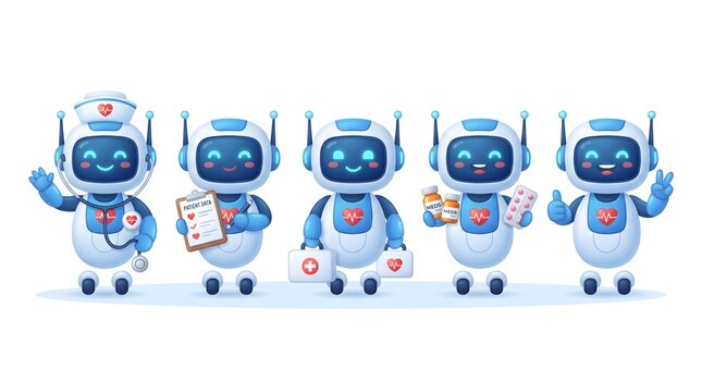 Cute medical robot assistant character set with healthcare tools