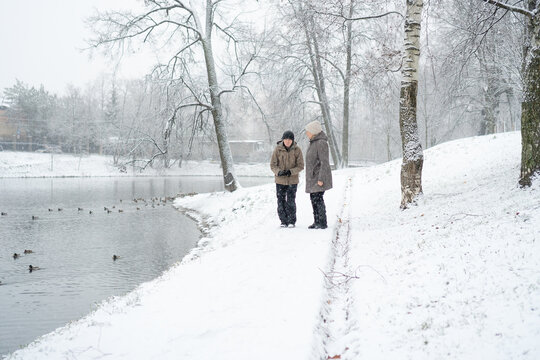 Senior couple in conversation by frozen lake on snowy path. Elderly pair showing conversation keeps connection alive as words warm better than coats. Communicative duo in talk amid winter forest