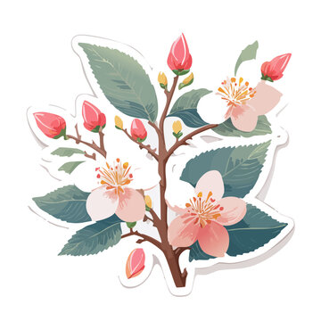 Pink flowering branch with buds and leaves vector illustration