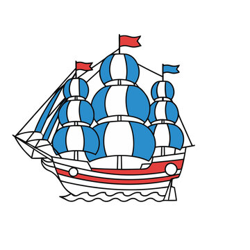 Stylized Sailing Ship with Blue and White Sails