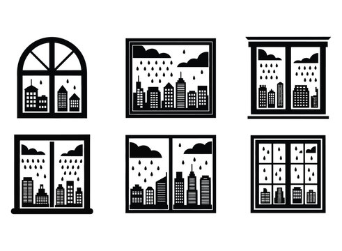 Six different window views showcasing cityscapes during rainy weather with falling raindrops and clouds
