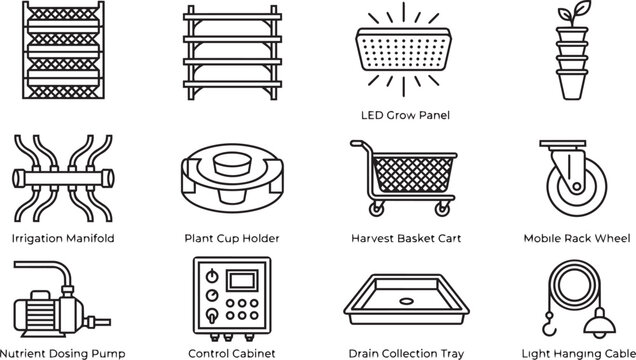Smart Hydroponics System Icon Set with Irrigation, LED Grow Lighting and Automated Crop Management Tools