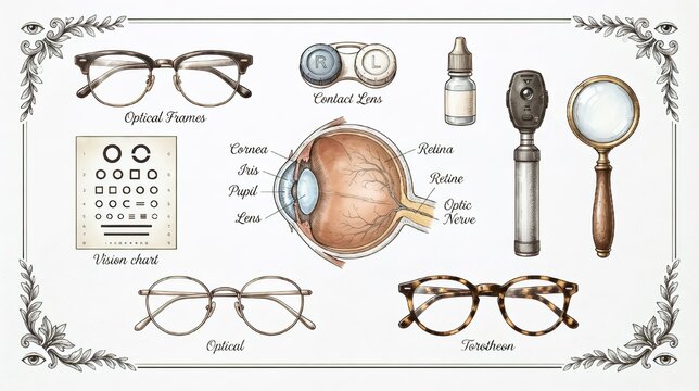 Hand draw optics and ophthalmology elements set, eye anatomy, eyeglasses, vision chart, and medical equipment vector illustration