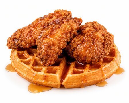 Stack of golden brown crispy fried chicken waffles on plate. Breakfast comfort food with maple syrup drizzle and savory toppings.