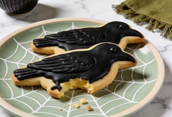 Obraz premium Crow and raven shaped sugar cookies with black icing on a spiderweb plate