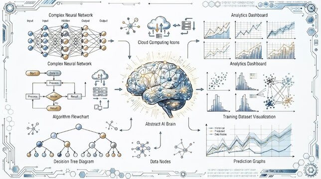 Hand draw artificial intelligence and machine learning elements set, neural network, brain, and analytics vector illustration