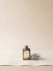 Obraz premium Scandinavian Minimal Christmas Background with Cozy Winter Lantern, Pine Branches and Copy Space