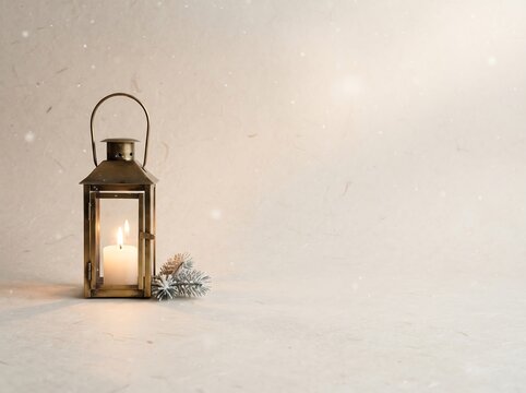 Scandinavian Minimal Christmas Background with Cozy Winter Lantern, Pine Branches and Copy Space