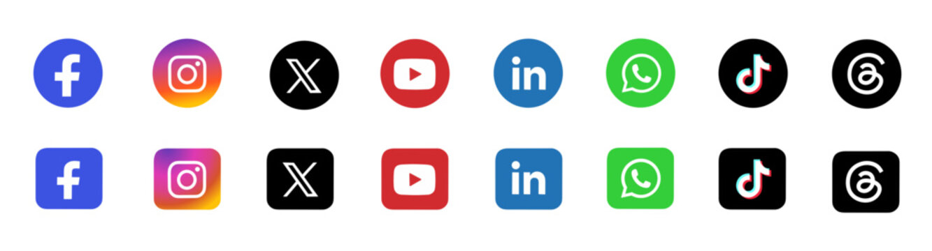Social media logo including Facebook, Instagram, Twitter X, YouTube, LinkedIn, WhatsApp, TikTok, and Threads icons
