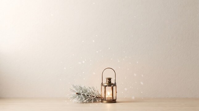 Scandinavian Minimal Christmas Background with Cozy Winter Lantern, Pine Branches and Copy Space