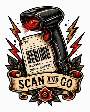 dynamic barcode scanner scanning label in modern indoor commercial setting with lightning bolts and floral design, black and red colors, frontal view, retail and logistics contexts.