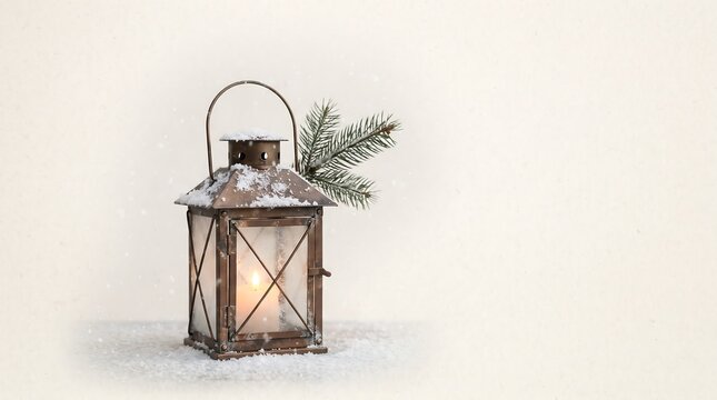 Scandinavian Minimal Christmas Background with Cozy Winter Lantern, Pine Branches and Copy Space