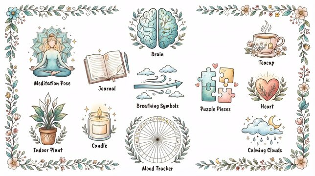 Hand draw mental health and mindfulness elements set, meditation, brain, journal, and self care vector illustration