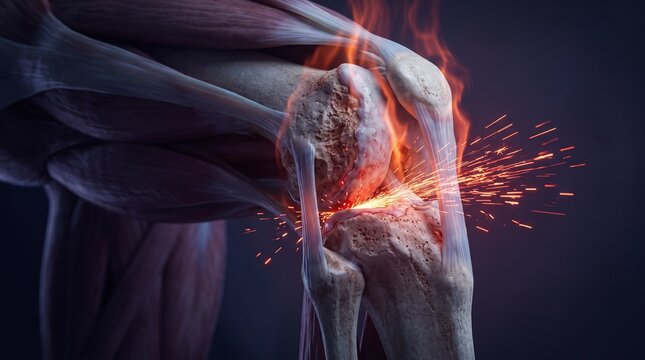Dramatic 3D Medical Render of Knee Joint Friction with Muscle Tissue Context