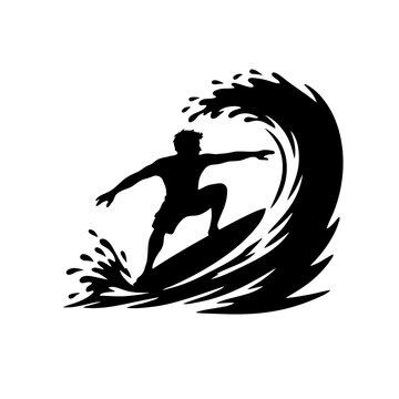 Surfer Riding Powerful Ocean Wave Silhouette Vector Illustration Isolated on White Background