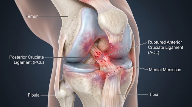 Detailed Labeled 3D Anatomy Diagram of Ruptured Anterior Cruciate Ligament (ACL) Injury