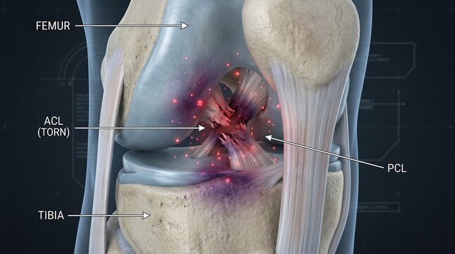 Labeled 3D Medical Display Showing Torn Anterior Cruciate Ligament (ACL) with Red Glow